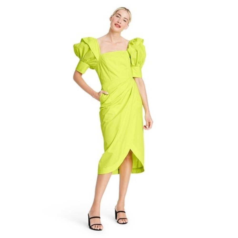 Christopher John Rogers For Target Dress  0 Puff Sleeve Faux Wrap Yellow NWT